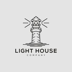Sea Light house bacon tower illustration with line art style logo design