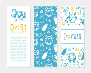 Dairy Products Card Template with Space for Text, Natural Eco Milk Food Banner, Brochure, Flyer, Poster, Packaging Design Hand Drawn Vector Illustration