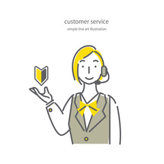 コールセンターのオペレーターの女性スタッフのシンプルでおしゃれな線画イラスト素材　初めて　初心者
