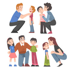 Cheerful Mom and Dad Hugging and Kissing their Little Children Set, Happy Parenthood Concept Cartoon Style Vector Illustration