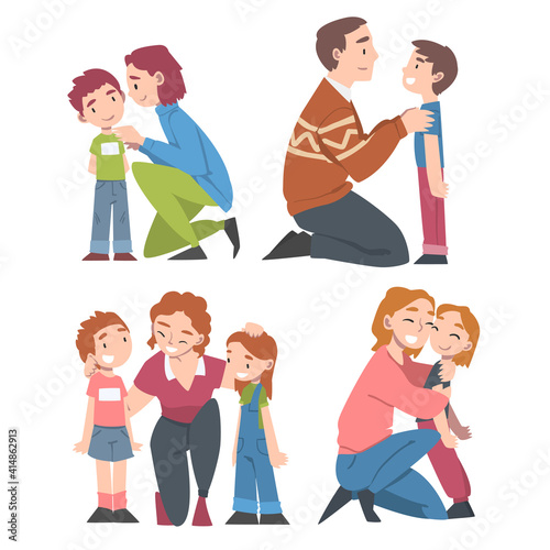 Happy Parents Hugging And Kissing Their Kids Set Parenthood Concept Cartoon Style Vector Illustration Wall Mural Topvectors