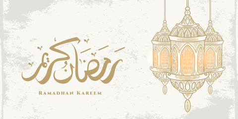 Ramadan Kareem greeting card with big lantern and golden arabic calligraphy means "Holly Ramadan". Sketch hand drawn style Isolated on white background.