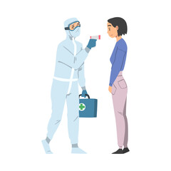 Doctor Measuring Temperature of Young Woman Using Body Scanner, Medical Professional in Protective Suit Checking Temperature to Control Coronavirus Infection Vector Illustration