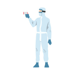 Medical Professional in Protective Suit Checking Temperature Using Non-contact Thermometer to Control Coronavirus Infection Cartoon Vector Illustration