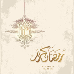 Ramadan Kareem greeting card with golden lantern sketch and arabic calligraphy means "Holly Ramadan" . Vintage hand drawn isolated on white background.