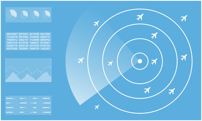 Radar Monitor. Air Traffic Control Radar screen and plane that is flying in the screen. background is a world map. Vector illustration eps10