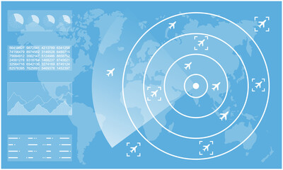 Radar Monitor. Air Traffic Control Radar screen and plane that is flying in the screen. background is a world map. Vector illustration eps10