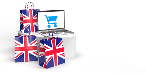 Global e-commerce, online trade and consume concept: Three 3D rendered bags with the British flag standing around a podium with a laptop with shopping basket on screen. White background with copy spac