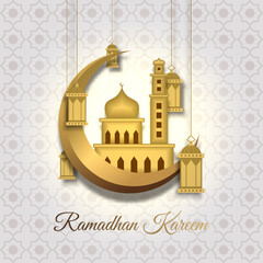 Ramadan Kareem greeting card with golden big mosque in golden crescent, hanging lantern and Arabic calligraphy means "Holly Ramadan". Hand drawn sketch elegant design Isolated on white background.