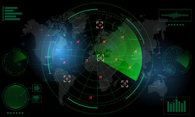 Radar Monitor. Air Traffic Control Radar screen and plane that is flying in the screen. background is a world map. Vector illustration eps10