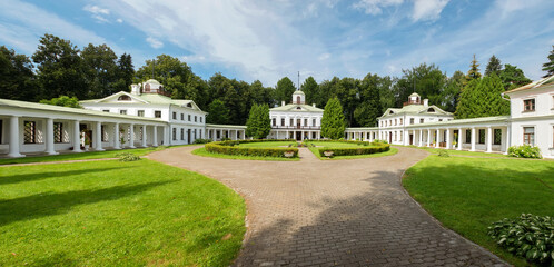 Serednikovo manor in classical style in the Moscow region, a park-manor ensemble of the end of the XVIII - beginning of the XIX century. Main building with wings and a gallery with columns