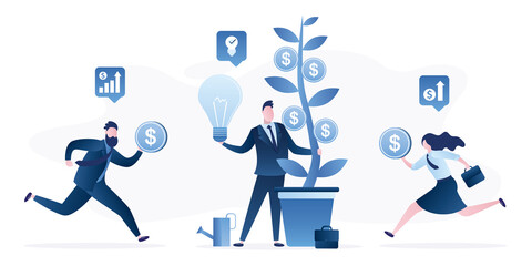 Businessman holds money tree, new startup idea. New business growth. Crowdfunding concept. Investors are running with money in hands.