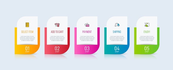 Naklejka na ściany i meble Concept of shopping process with 5 successive steps. Five colorful graphic elements. Timeline design for brochure, presentation, web site. Infographic design layout.