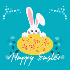 Happy Easter vector illustration with easter bunny and colourful egg on a blue background