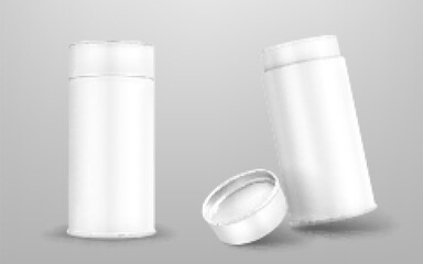 White paper tube, cardboard cylinder box with closed and open cap. Vector realistic mockup of carton round container, blank package tubus for food isolated on gray background