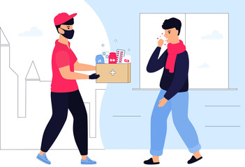 COVID-19. A delivery man in a protective medical mask delivers medicaments to a to a guy with coronavirus. Quarantine. Self isolation