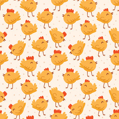 Bird, chicken, chick. Easter domestic animals, pets. Poultry farm, hennery, countryside life. Eco food production. Seamless pattern, texture, background. Packaging design.