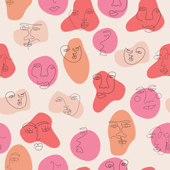 Seamless pattern with abstract shape and surreal face. Hand drawn one line art face.