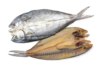 Dried salted fishes on white background