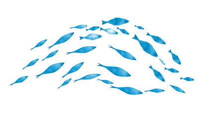 Silhouettes of groups of  fishes on white. Watercolor