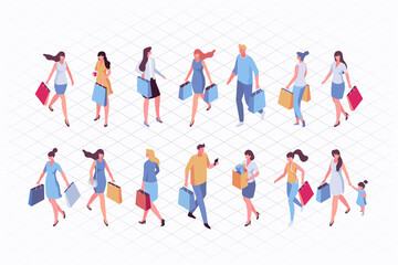 Isometric people on shopping. Men and women with shopping bag, shopping cart