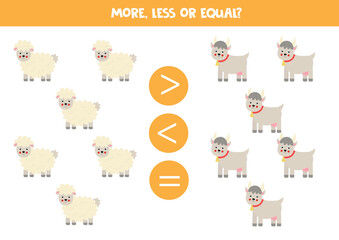 More, less, equal with cartoon sheep and goats.