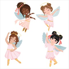 Set of Dancing Angels. Wings and halo. Children are dressed like angels. Simple drawing in pastel colors. Vector illustration in cartoon style isolated on white background.