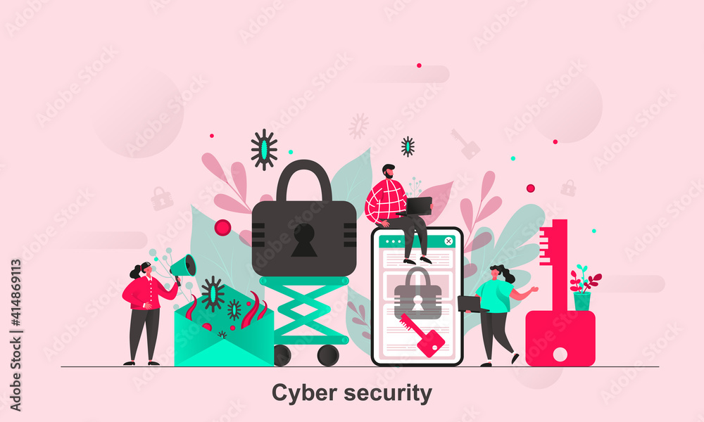 Fototapete Cyber security web design in flat style. Digital protection, access control scene visualization. Antivirus and firewall software. Vector illustration with tiny people characters in life situation.