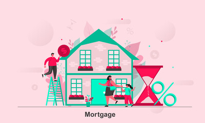 Mortgage web concept design in flat style. Purchasers of real property scene visualization. Mortgage insurance for home loan service. Vector illustration with tiny people characters in life situation.