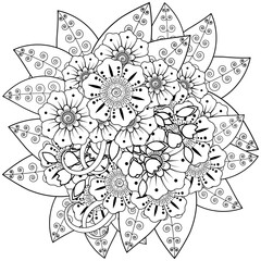 Mehndi flower for henna, mehndi, tattoo, decoration. decorative ornament in ethnic oriental style. doodle ornament. outline hand draw illustration. coloring book page.