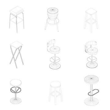 Set with frame chairs and armchairs isolated on white background. 3D. Isometric view. Vector illustration