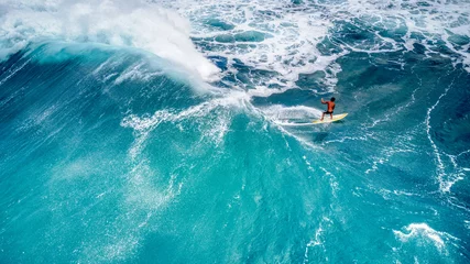 Foto auf Acrylglas Antireflex Rear View of a Surfer Riding a Fantastic Wave at Sunset Beach, Hawaii © Rotorhead 30A