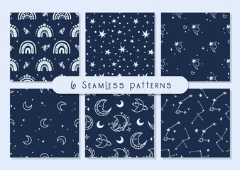 Fototapeta na wymiar Celestial black and white moon, rainbow, stars seamless pattern bundle - hand drawn line space digital paper, cute kids starry seamless background for textile, scrapbooking, wrapping paper