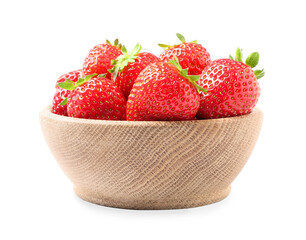 Fresh red strawberries in wooden bowl isolated on white