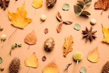 Flat lay composition with autumn leaves on beige background