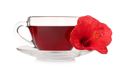 Fototapeta na wymiar Delicious hibiscus tea and beautiful flower on white background