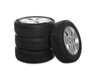 Set of wheels with winter tires on white background