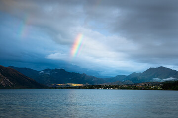 Double rainbows over Lake Wanaka, Otago Region, New Zealand