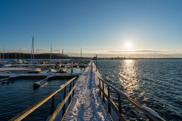 Harbor at the Cospudener Lake near Leipzig in winter