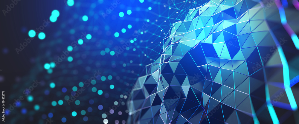 Poster Neural network and cloud technologies. Global database and artificial intelligence. Big data concept. Bright, colorful 3D illustration of polygonal network, cybersecurity and internet busines