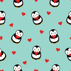 Seamless Pattern with Cute Cartoon Penguin and Heart Design on Green Background