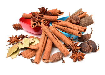 Various seasonings on white background 