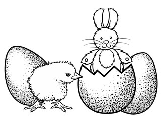 Easter picture in black and white with a chicken and an Easter bunny