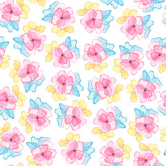 Delicate pink flowers on a white background. Seamless pattern. Watercolor illustration. Multicolored flowers with pink, blue and yellow petals. For printing on fabric, design of cards, packaging.