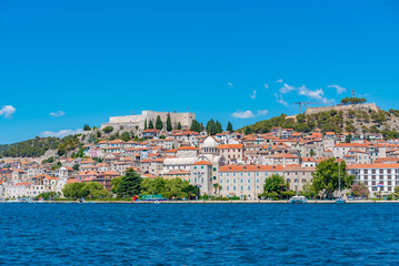 Skyline of Sibenik with Saint James cathedral and fortresses of Saint Michael and Saint John,...