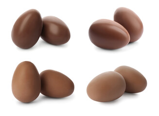 Set with sweet chocolate Easter eggs on white background