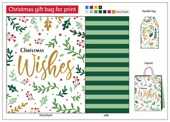 Christmas gift bag for print with tag handle, Christmas Wishes and holly leaf gift bag design