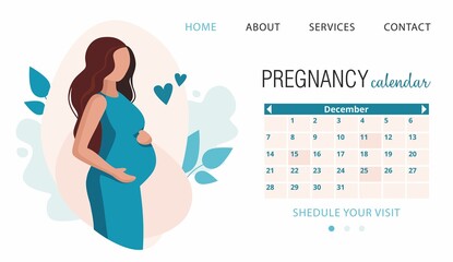 Pregnant woman and calendar. Notes the intake of vitamins.