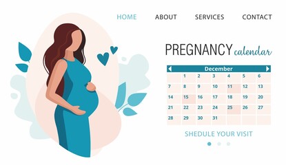 Pregnant woman and calendar. Notes the intake of vitamins.