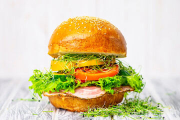 appetizing hamburger with lard and meat, yellow pepper, vegetables and salad on a wooden background 